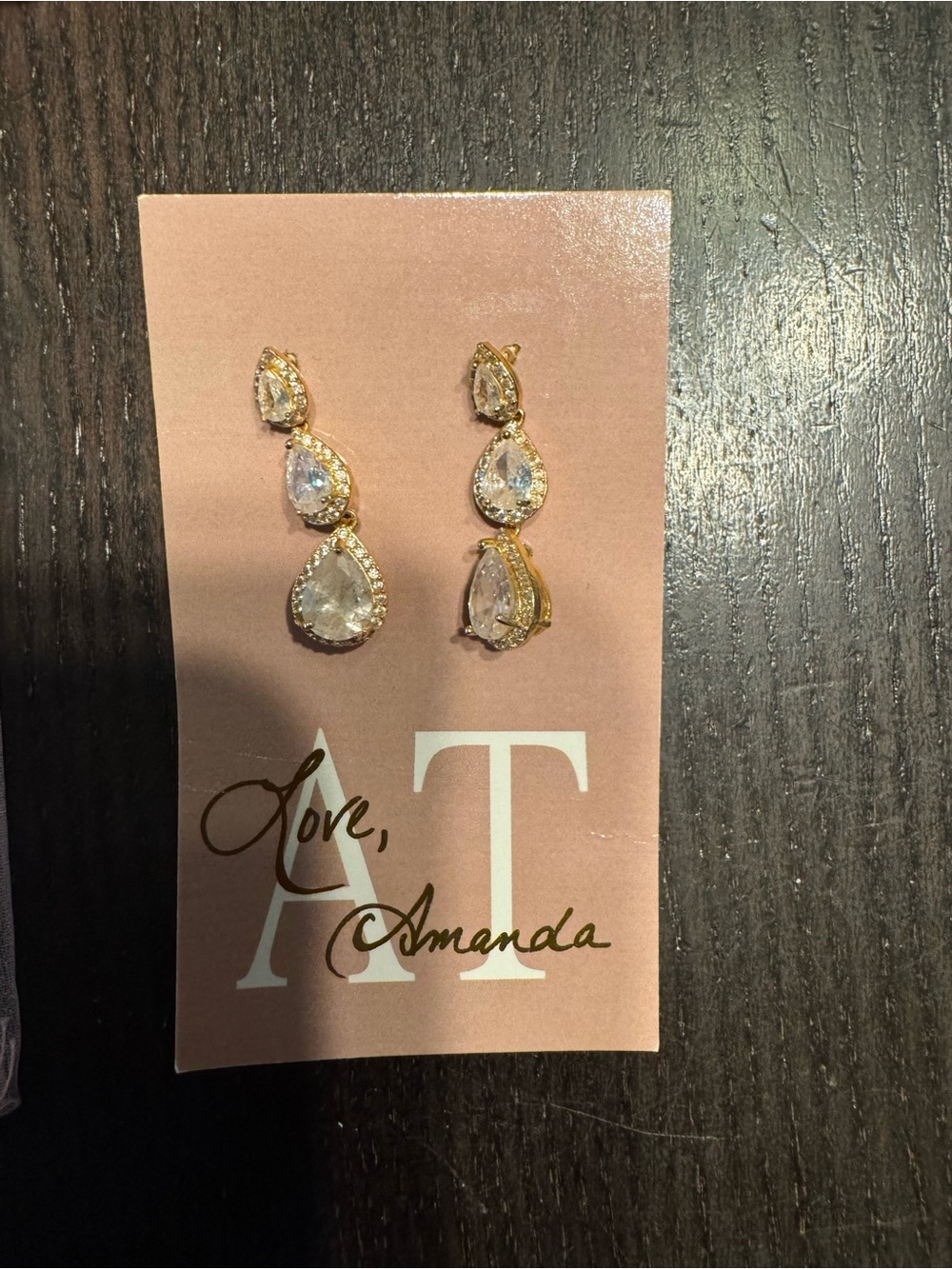 Gold Teardrop Dangle Earrings with Clear Stones